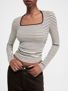 ATUI Studio Women's Lyocell-Wool Blend Tee With Brown Stripes & Contrast Trim Neckline | #FallFashion #Y2KStyle #Layering #CasualChic #OOTD - White - View 5