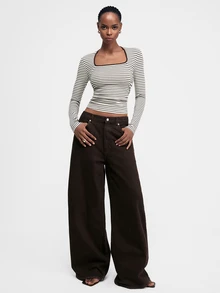 ATUI Studio Women's Lyocell-Wool Blend Tee With Brown Stripes & Contrast Trim Neckline | #FallFashion #Y2KStyle #Layering #CasualChic #OOTD - White - View 1
