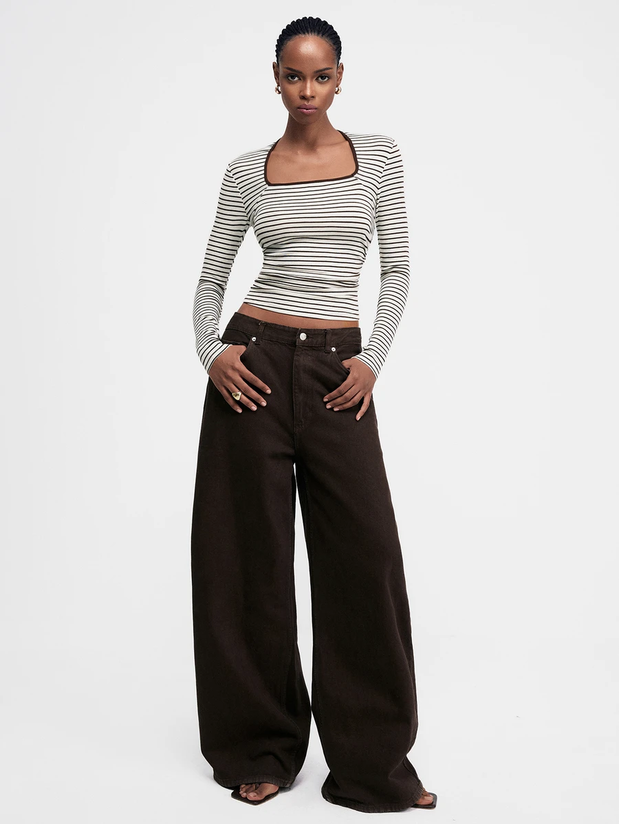 ATUI Studio Women's Lyocell-Wool Blend Tee With Brown Stripes & Contrast Trim Neckline | #FallFashion #Y2KStyle #Layering #CasualChic #OOTD - White - View 1