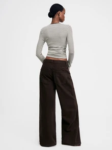 ATUI Studio Women's Lyocell-Wool Blend Tee With Brown Stripes & Contrast Trim Neckline | #FallFashion #Y2KStyle #Layering #CasualChic #OOTD - White - View 7