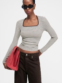 ATUI Studio Women's Lyocell-Wool Blend Tee With Brown Stripes & Contrast Trim Neckline | #FallFashion #Y2KStyle #Layering #CasualChic #OOTD - White - View 8