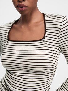 ATUI Studio Women's Lyocell-Wool Blend Tee With Brown Stripes & Contrast Trim Neckline | #FallFashion #Y2KStyle #Layering #CasualChic #OOTD - White - View 3
