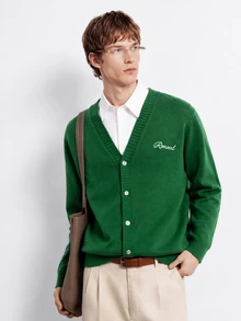 RONVEXI Men's Green Letter Print Single-Breasted Long Sleeve Versatile Cardigan - Multicolor - View 1