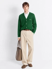 RONVEXI Men's Green Letter Print Single-Breasted Long Sleeve Versatile Cardigan - Multicolor - View 3