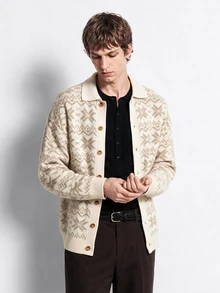 Manfinity Homme Men's Casual Loose Jacquard Single-Breasted Knit Cardigan White Shirt - Apricot - View 3