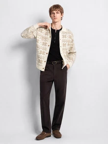 Manfinity Homme Men's Casual Loose Jacquard Single-Breasted Knit Cardigan White Shirt - Apricot - View 5
