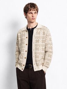 Manfinity Homme Men's Casual Loose Jacquard Single-Breasted Knit Cardigan White Shirt - Apricot - View 1