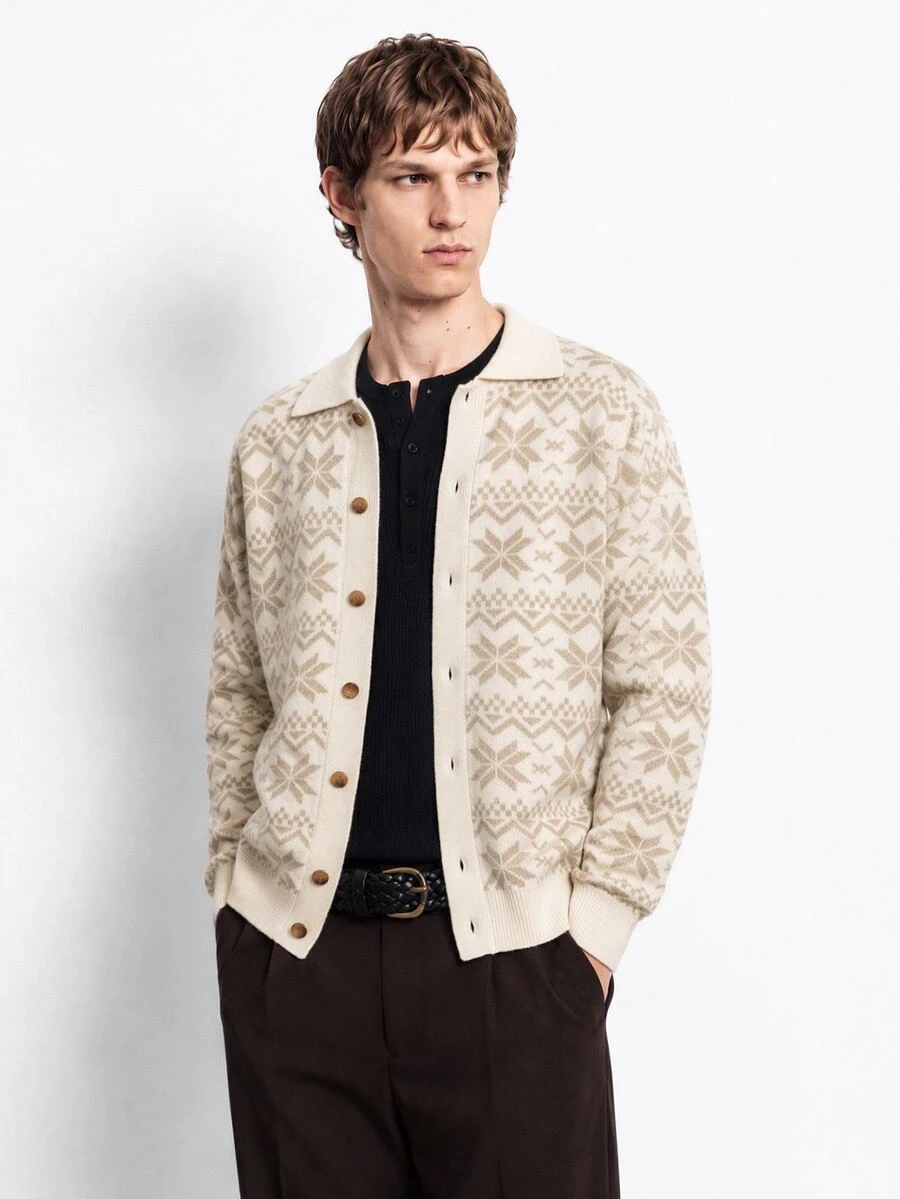 Manfinity Homme Men's Casual Loose Jacquard Single-Breasted Knit Cardigan White Shirt - Apricot - View 1