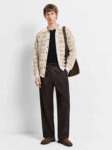 Manfinity Homme Men's Casual Loose Jacquard Single-Breasted Knit Cardigan White Shirt - Apricot - View 4