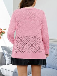 Easowa Curve 大尺碼女款素色鏤空長袖單排扣針織開襟衫 正式辦公約會風 粉色秋季優雅浪漫休閒款 - 粉色 - 查看 7