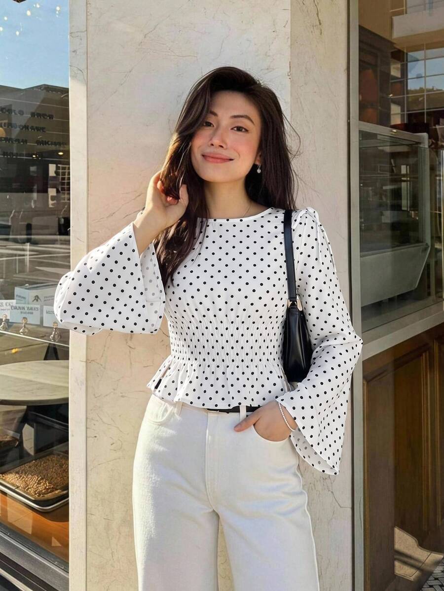 Serisse 女款波點百褶休閒百搭日常穿著襯衫,優雅波點鬆緊腰擺綁肩喇叭長袖上衣 - 白色 - 查看 1