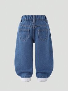 SHEIN Playful Pals 女嬰 100% 純棉柔軟水洗淺藍色牛仔褲，寬鬆版型喇叭褲腿設計，抓皺腰頭，溫和呵護嬌嫩肌膚，適合秋季 - 淺色水洗藍 - 查看 3
