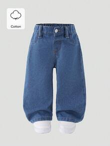 SHEIN Playful Pals 女嬰 100% 純棉柔軟水洗淺藍色牛仔褲，寬鬆版型喇叭褲腿設計，抓皺腰頭，溫和呵護嬌嫩肌膚，適合秋季 - 淺色水洗藍 - 查看 4