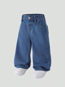 SHEIN Playful Pals 女嬰 100% 純棉柔軟水洗淺藍色牛仔褲，寬鬆版型喇叭褲腿設計，抓皺腰頭，溫和呵護嬌嫩肌膚，適合秋季 - 淺色水洗藍 - 查看 8