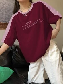 Livesso 拼色標語圖案短袖印花T恤，酒紅色，夏季休閒街頭風校園可愛上衣 - 酒紅色 - 查看 9