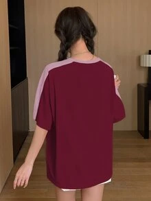 Livesso 拼色標語圖案短袖印花T恤，酒紅色，夏季休閒街頭風校園可愛上衣 - 酒紅色 - 查看 5