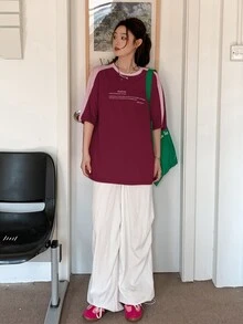 Livesso 拼色標語圖案短袖印花T恤，酒紅色，夏季休閒街頭風校園可愛上衣 - 酒紅色 - 查看 4
