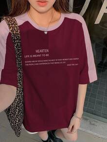 Livesso 拼色標語圖案短袖印花T恤，酒紅色，夏季休閒街頭風校園可愛上衣 - 酒紅色 - 查看 6
