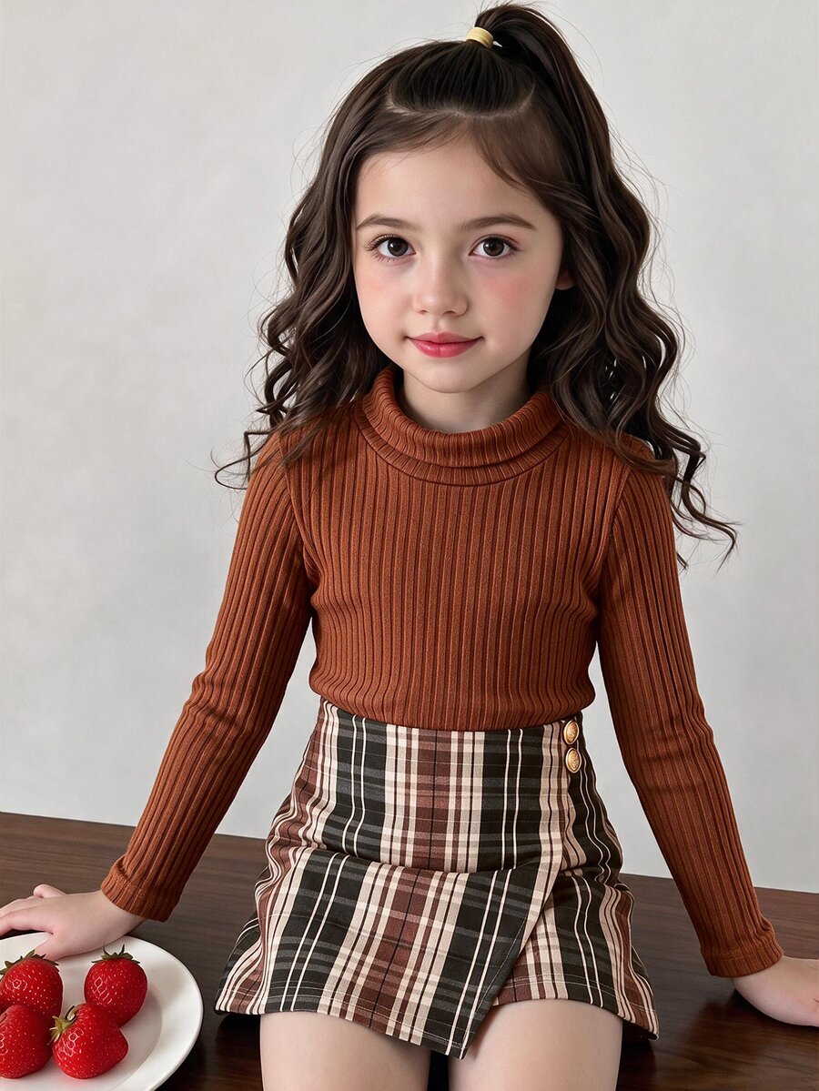 SHEIN Young Girl Young Girl's And Young Girl High Collar T-Shirt And Plaid Winter Skirt Set, 2pcs, Autumn Clothes, Suitable For Daily Wear And Commuting - Pink - View 1