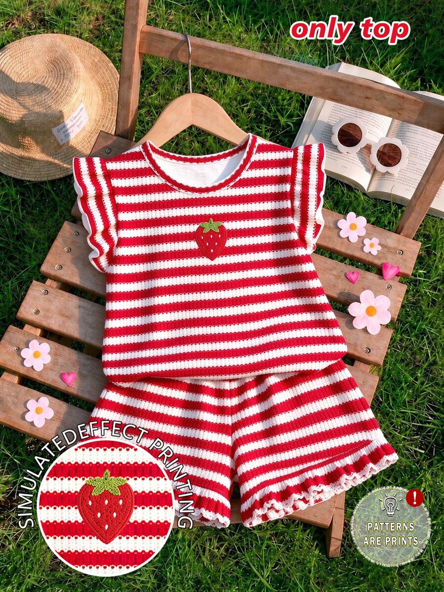 (1 Pc) Young Girls Summer Casual Fresh Cute Strawberry Red & White Horizontal Striped Flutter Sleeve T-Shirt - Multicolor - View 1