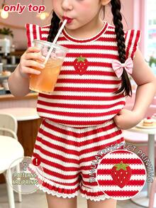(1 Pc) Young Girls Summer Casual Fresh Cute Strawberry Red & White Horizontal Striped Flutter Sleeve T-Shirt - Multicolor - View 3