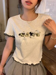 DAZY Women's Round Neck Cartoon Print Bow Ruffle Trim Round Neck Short Sleeve T-Shirt, Summer Graphic Tees Women Cute Tops - Grey - View 2