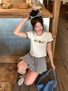 DAZY Women's Round Neck Cartoon Print Bow Ruffle Trim Round Neck Short Sleeve T-Shirt, Summer Graphic Tees Women Cute Tops - Grey - View 10