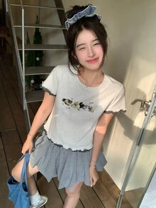 DAZY Women's Round Neck Cartoon Print Bow Ruffle Trim Round Neck Short Sleeve T-Shirt, Summer Graphic Tees Women Cute Tops - Grey - View 1
