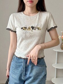 DAZY Women's Round Neck Cartoon Print Bow Ruffle Trim Round Neck Short Sleeve T-Shirt, Summer Graphic Tees Women Cute Tops - Grey - View 3