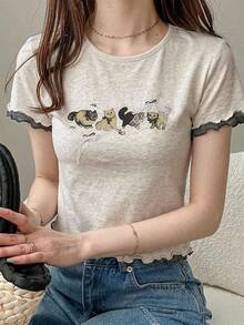 DAZY Women's Round Neck Cartoon Print Bow Ruffle Trim Round Neck Short Sleeve T-Shirt, Summer Graphic Tees Women Cute Tops - Grey - View 11