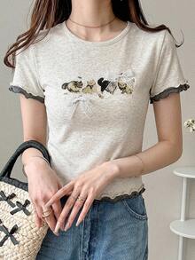 DAZY Women's Round Neck Cartoon Print Bow Ruffle Trim Round Neck Short Sleeve T-Shirt, Summer Graphic Tees Women Cute Tops - Grey - View 4