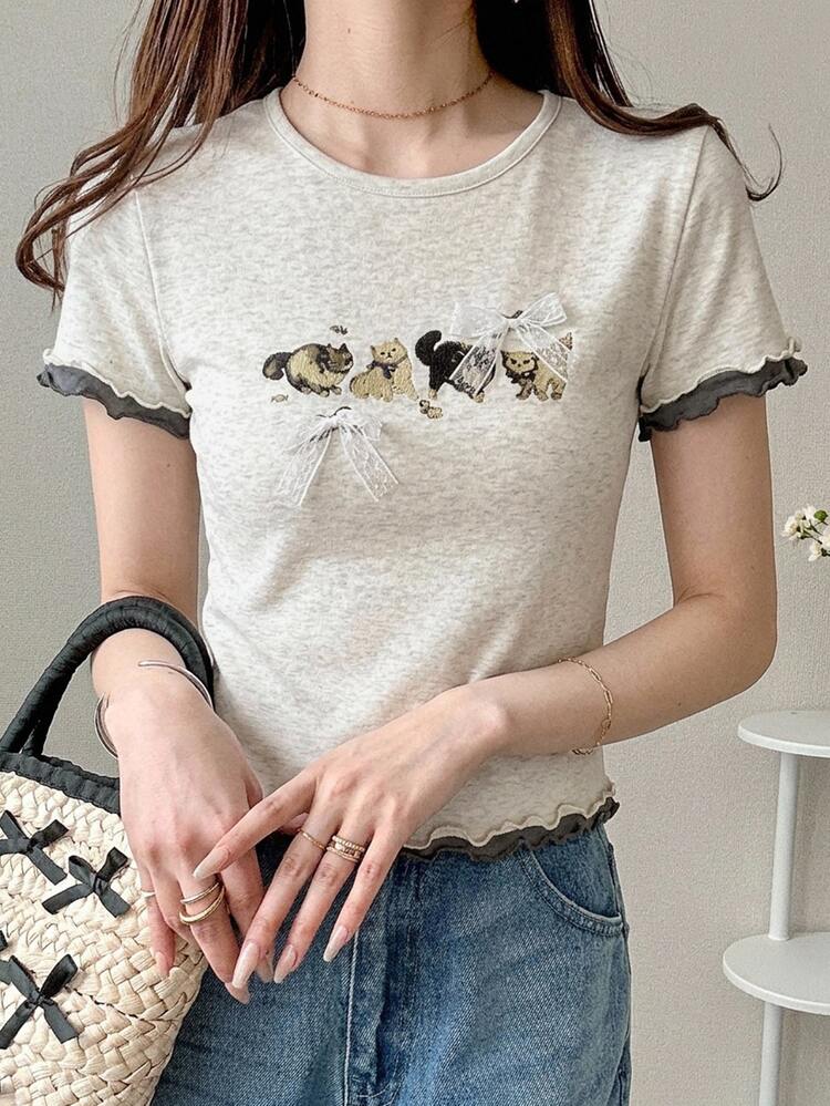 DAZY Women's Round Neck Cartoon Print Bow Ruffle Trim Round Neck Short Sleeve T-Shirt, Summer Graphic Tees Women Cute Tops - Grey - View 4