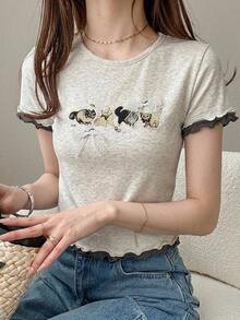 DAZY Women's Round Neck Cartoon Print Bow Ruffle Trim Round Neck Short Sleeve T-Shirt, Summer Graphic Tees Women Cute Tops - Grey - View 5