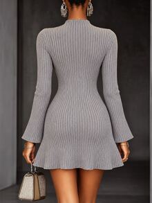 Selianne Women's Flare Sleeve A-Line Cinched Cinched Waist Elegant Design Sweater Dress - Light Grey - View 2