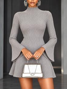 Selianne Women's Flare Sleeve A-Line Cinched Cinched Waist Elegant Design Sweater Dress - Light Grey - View 5