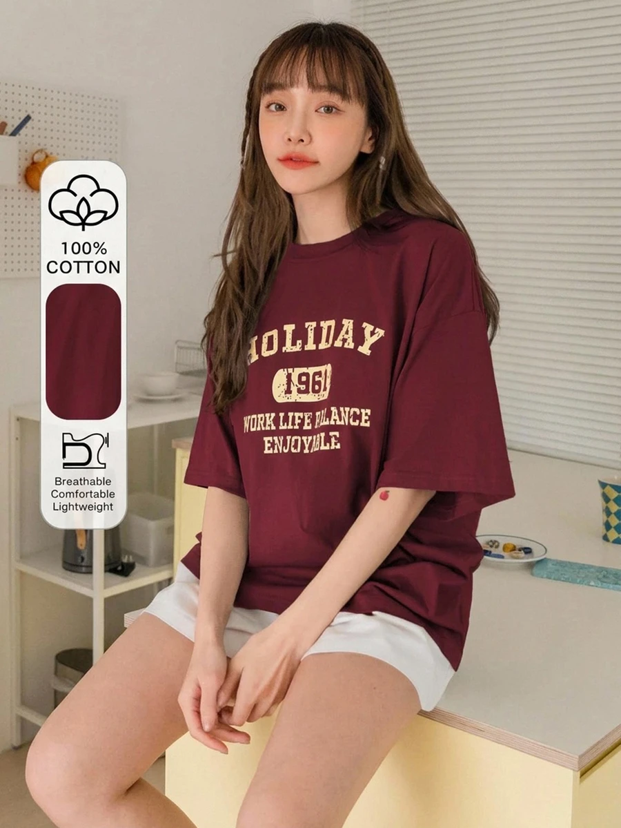 DAZY 字母圖案落肩寬鬆夏季大尺寸T恤可愛上衣 - 酒紅色 - 查看 1