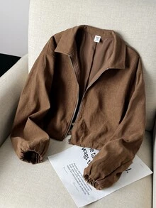 SHEIN 兒童青少年女孩棕色系翻領寬鬆休閒街頭風牛仔職業風秋冬復古棕色做舊PU皮革夾克，返校季 - 棕色 - 查看 3