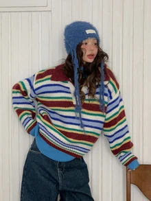 DAZY Women's Colorblock Loose Long Sleeve Turn Collar Casual Daily Korean Street Style Autumn/Winter Knit Sweater - Blue - View 2