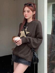DAZY 1件女款五角星印花圓領長袖套頭毛衣，秋季校園穿搭 - 咖啡棕 - 查看 4