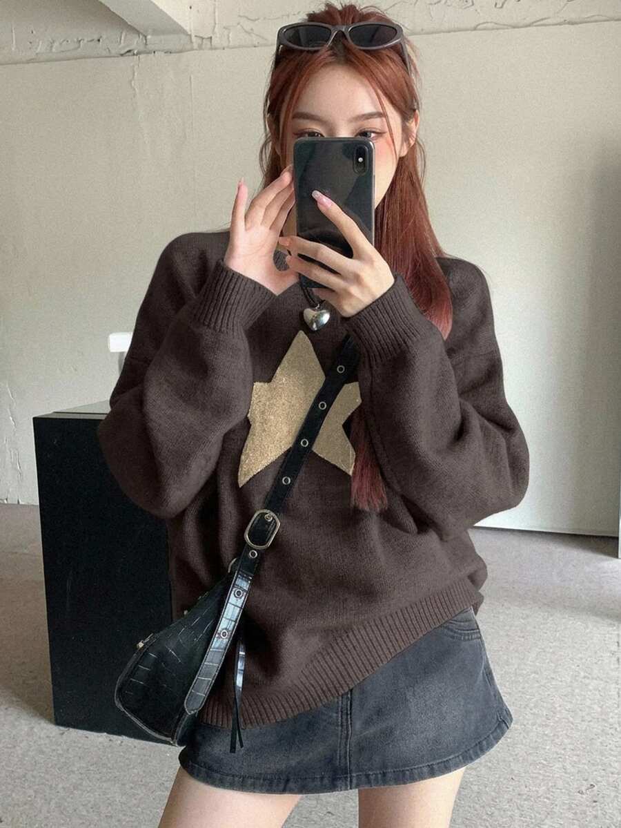 DAZY 1件女款五角星印花圓領長袖套頭毛衣,秋季校園穿搭 - 咖啡棕 - 查看 1