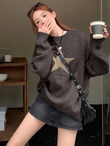 DAZY 1件女款五角星印花圓領長袖套頭毛衣，秋季校園穿搭 - 咖啡棕 - 查看 2