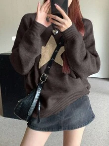 DAZY 1件女款五角星印花圓領長袖套頭毛衣，秋季校園穿搭 - 咖啡棕 - 查看 6