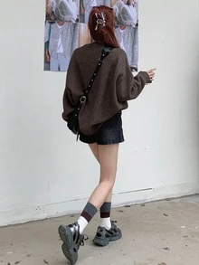 DAZY 1件女款五角星印花圓領長袖套頭毛衣，秋季校園穿搭 - 咖啡棕 - 查看 5
