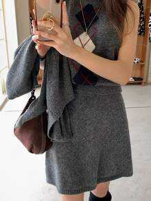 DAZY Women's Diamond Pattern Top, Skirt And Cardigan Knit Set - Grey - View 5