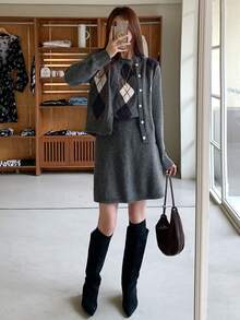 DAZY Women's Diamond Pattern Top, Skirt And Cardigan Knit Set - Grey - View 9