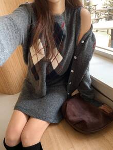 DAZY Women's Diamond Pattern Top, Skirt And Cardigan Knit Set - Grey - View 3