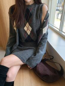 DAZY Women's Diamond Pattern Top, Skirt And Cardigan Knit Set - Grey - View 1