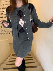 DAZY Women's Diamond Pattern Top, Skirt And Cardigan Knit Set - Grey - View 6