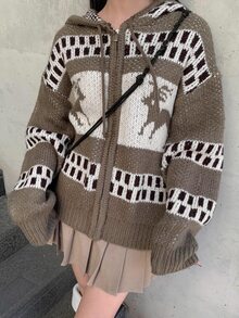 DAZY Women's Hooded Cardigan With Geometric And Deer Pattern, Suitable For Dating, Vacation, Party, Daily Outings, Gatherings, Outdoor Activities - Brown - View 2