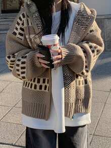DAZY Women's Hooded Cardigan With Geometric And Deer Pattern, Suitable For Dating, Vacation, Party, Daily Outings, Gatherings, Outdoor Activities - Brown - View 1